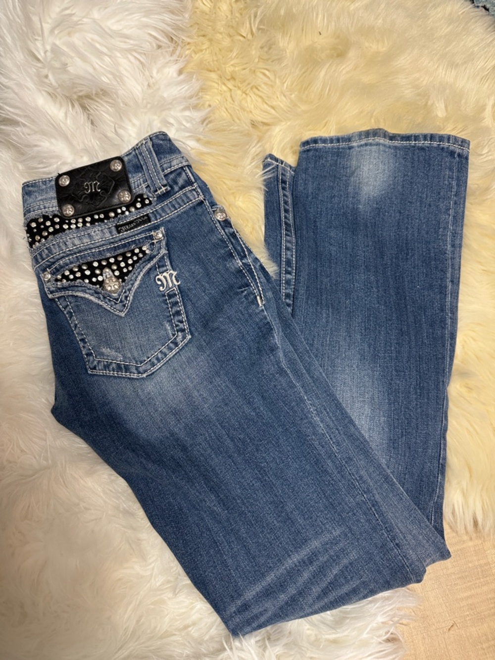 McBling Miss Me Bootcut JP5002-16 Fleur‎ De Lis Crystal Embellished Jeans 28